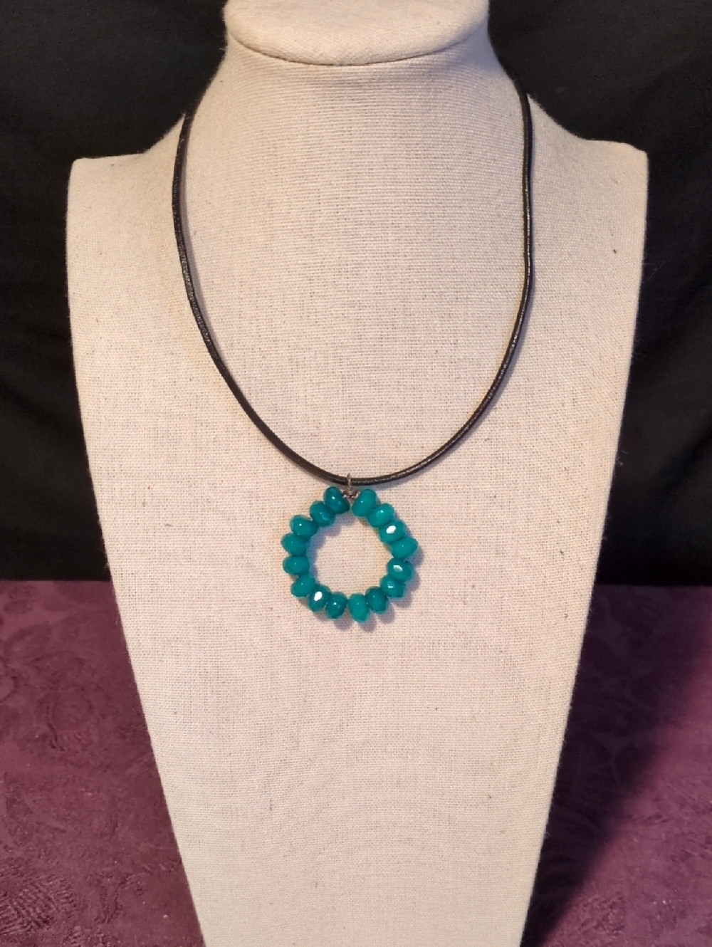 Handmade Teal Agate Beaded Karma Circle Adjustable Pendant Choker Leather Cord